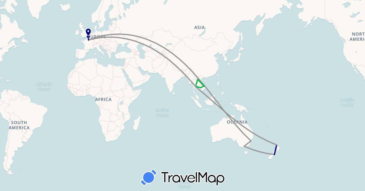 TravelMap itinerary: driving, bus, plane in Australia, France, Cambodia, Laos, New Zealand, Thailand, Vietnam (Asia, Europe, Oceania)